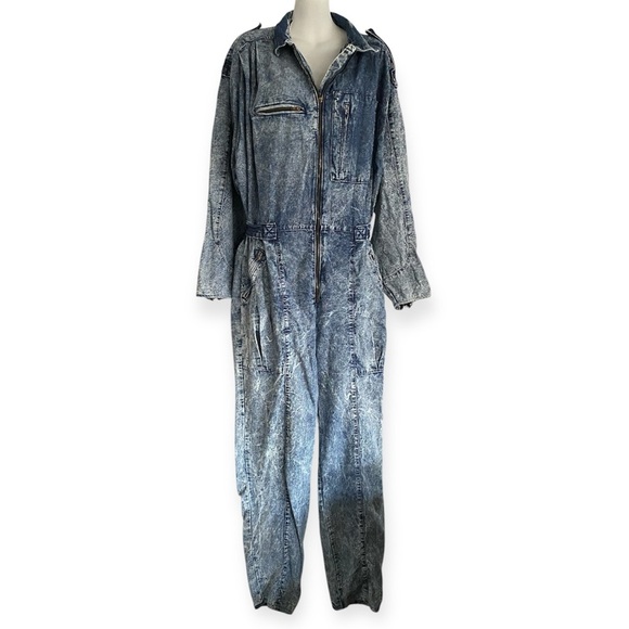 Vintage Beret Boiler Suit Jumpsuit Denim Acid Wash Zip Batwing Dolman 80s Jean - Picture 2 of 15